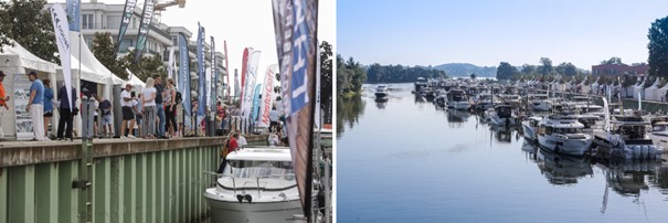 In der Marina in den Havelauen von Werder liegen Boote aller Segmente und Größenklassen an den Stegen. Auf der Promenade im Hintergrund informieren sich Besucher:innen an Verkaufsständen. 