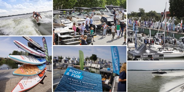 Impressionen der BOOT & FUN INWATER: SUPs an Land und fahrende Boote auf dem großen Zernsee. Bei sommerlichem Wetter informieren sich Besucher:innen vor Ort im Gespräch mit Händlern. 