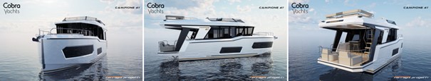 Die Campione 41 Premium Fly von Cobra Yachts in der Front-, Seiten und Rückansicht auf dem Wasser. Die Yacht wird in Werder (Havel) als Weltpremiere vorgestellt. 