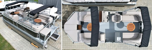 Shark Ponton Boot SC7 von JF Boats: Das knapp sieben Meter lange und 2,30 Meter breite, modern und komfortable gestaltete Pontonboot bietet Platz für bis zu neun Personen.